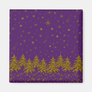 Funkelnd Weihnachtsbaum, Sterne, Schnee auf lila Magnet
