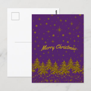 Funkelnd Weihnachtsbaum, Sterne, Schnee auf lila Postkarte