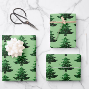 Funkelnd Weihnachtsbaumgrün Geschenkpapier Set