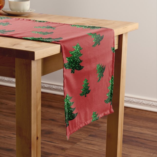 Funkelnd Weihnachtsbaumgrün-Glitzern rotes Muster Kurzer Tischläufer (Beispiel)