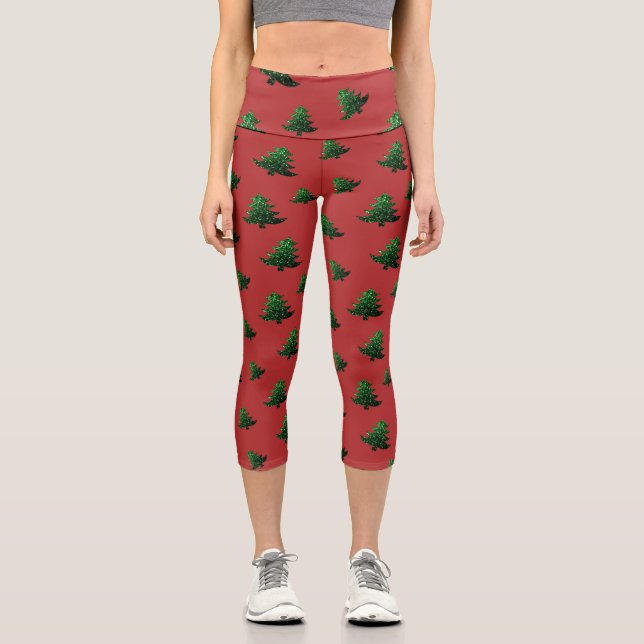 Funkelnd Weihnachtsbaummuster in Glitzern Capri Leggings (Vorderseite)