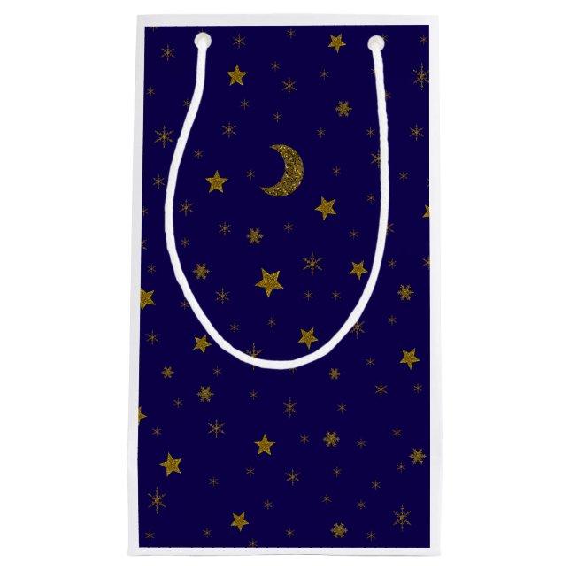 Funkelnd Weihnachtsmond aus Gold, blaue Sterne Kleine Geschenktüte (Vorderseite)