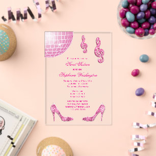 Funkelnde Absätze und rosa Disco-Kugel Sweet 16 Acryleinladungen
