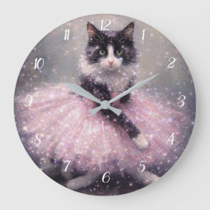Funkelnde Ballerina-Katze im rosa Tutu Große Wanduhr