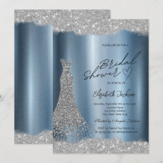 Funkelnde Diamanten Silbernes Kleid Blaues Brautba Einladung