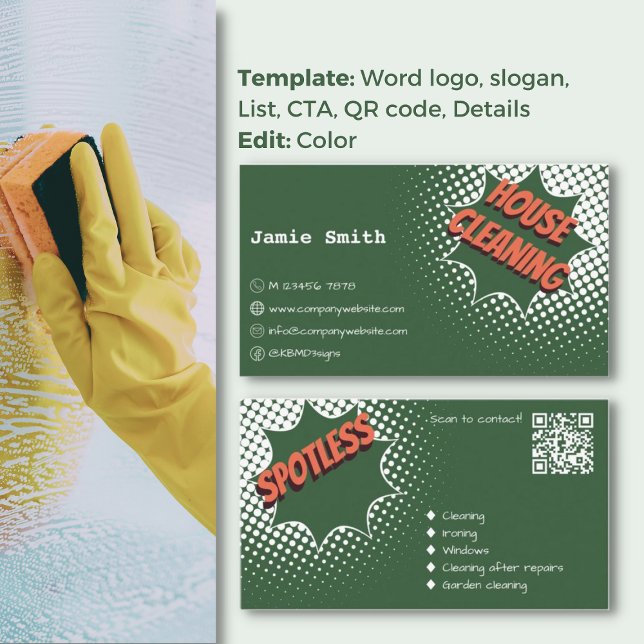 Funkelnde Eindrücke Reinigung von Grün und Weiß Visitenkarte (Sparkling Impressions Green & White House Cleaning Business Card, Spotless Word Logo, QR Code, CTA)