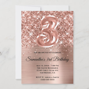 Funkelnde Glitter-Rose-Gold-Glam 3. Geburtstag Einladung
