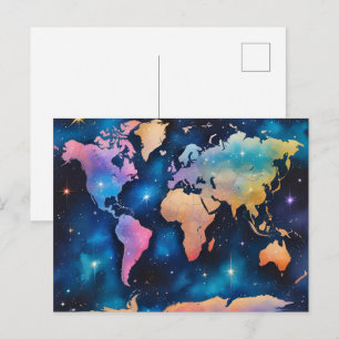Funkelnde Glitzer-Weltkarte – Wasserfarben-Reiseku Postkarte