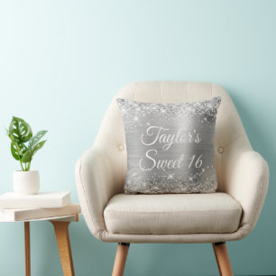 Funkelnde glitzernde Silberfolie Glam Sweet 16 Kissen