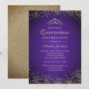 Funkelnde Gold-Purple Glitter Quinceanera 15. Einladung