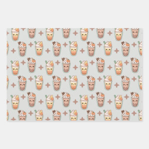 Funkelnde Herbstgetränke Kawaii Pastell-Muster Geschenkpapier Set