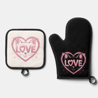 Funkelnde Katzenliebe Ofenhandschuh & Topflappen-Set