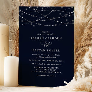 Funkelnde Lichterketten Elegante Navy Blau Hochzei Einladung
