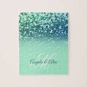 Funkelnde Mintblaue Glitter Türkis Ombre Monogramm