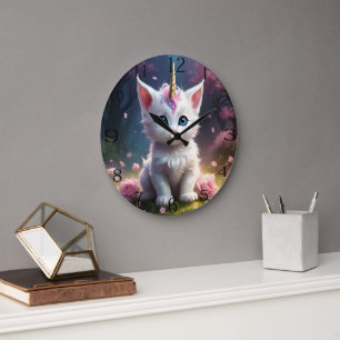 "Funkelnde Pfoten: Das bezaubernde Einhorn-Kätzche Große Wanduhr