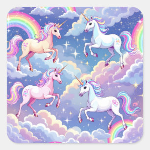 Funkelnde Regenbogen und Einhörner auf Wolken Quadratischer Aufkleber