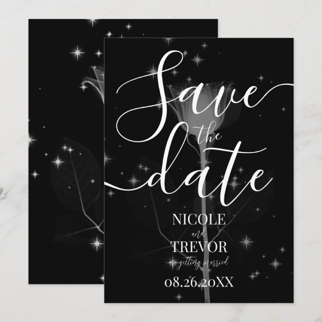 Funkelnde Röntgenblume auf schwarzer Hochzeit Save The Date (Vorne/Hinten)