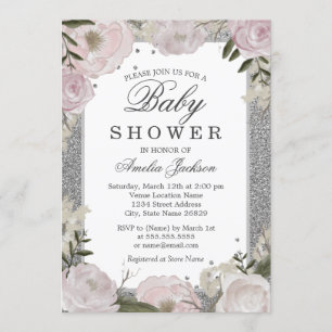Funkelnde rosa silberne Blumen-Baby-Party Einladung