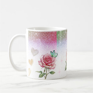 Funkelnde Rose und Schmetterling Kaffeetasse