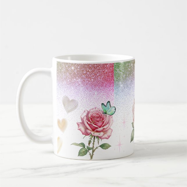Funkelnde Rose und Schmetterling Kaffeetasse (Links)