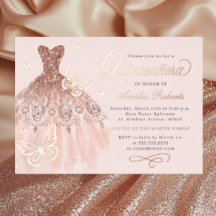 Funkelnde Roségold-Schmetterling-Kleid Quinceanera Folieneinladung