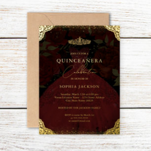 Funkelnde rote Goldkleid-Tiara Quinceanera  Folieneinladung