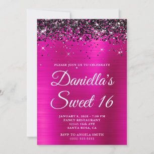 Funkelnde schwarze Glitter Hot Pink Folie Sweet 16 Einladung