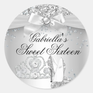 Funkelnde Tiara & Absätze Silber Sweet 16 Aufklebe Runder Aufkleber
