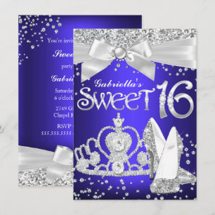 Funkelnde Tiara & Absätze Sweet 16 königsblau lila Einladung