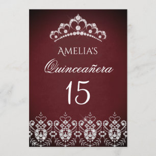 Funkelnde Tiara Silber Burgunder Quinceanera Einladung