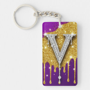 Funkelnder Buchstabe V mit goldenem Glitter-Tropfe Schlüsselanhänger