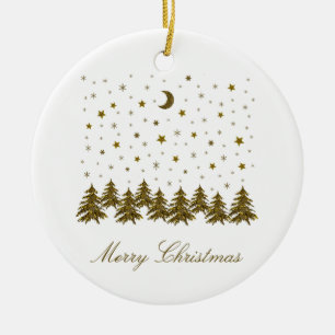 Funkelnder goldener Weihnachtsbaum, Mond, Sterne Keramik Ornament