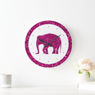 Funkelnder heißrosa Elefant mit weißen Kunststoff- Große Wanduhr