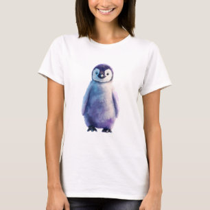 Funkelnder lila Wasserfarben-Pinguin-Küken-Frauen T-Shirt