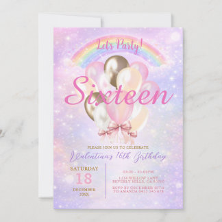 Funkelnder Regenbogen Glitter Ballon 16. Geburtsta Einladung