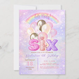 Funkelnder Regenbogen Glitter Sechs Ballon Geburts Einladung