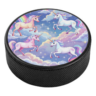 Funkelnder Regenbogen und Einhörner auf Wolken Eishockey Puck