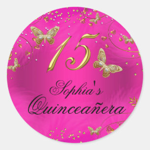 Funkelnder Rosa & Gold Schmetterling Quinceanera A Runder Aufkleber