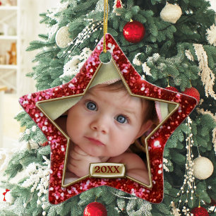 Funkelnder Stern Rot/Gold Foto Keramik Ornament