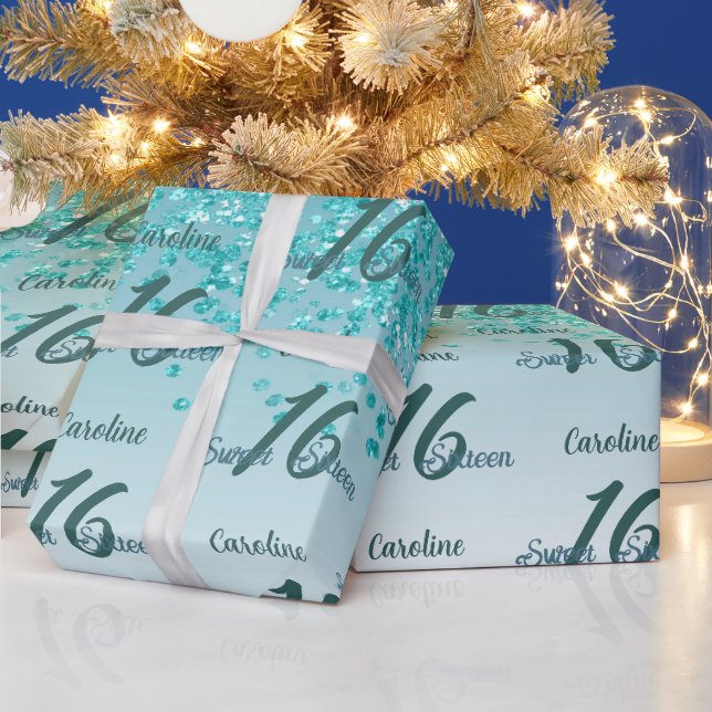 funkelnder Sweet 16 Falling Aquamarin Blue Glitzer Geschenkpapier (Feiertage)