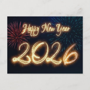Funkelndes Frohes Neues Jahr 2026 Feuerwerk Feiertagspostkarte