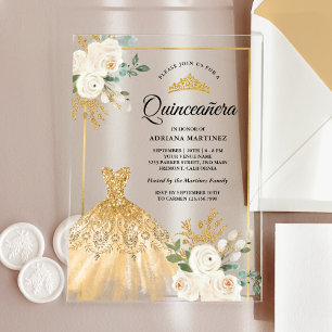 Funkelndes Kleid Elfenbein Blumen Gold Quinceanera Acryleinladungen