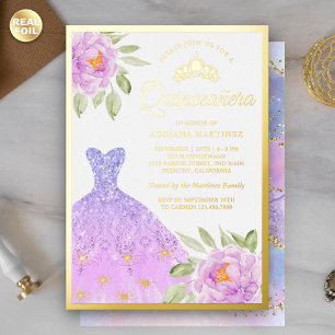Funkelndes Kleid Flieder Purpur Blumen Quinceanera Folieneinladung