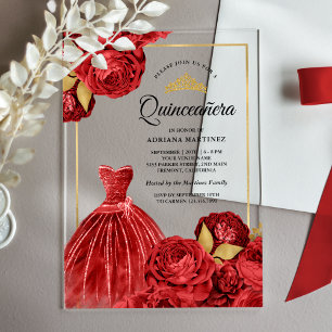 Funkelndes Kleid Rote Rosen Gold Quinceanera Acryleinladungen