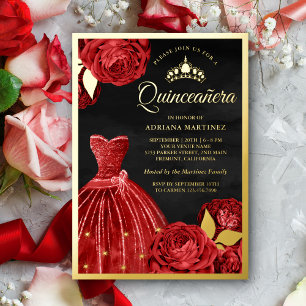 Funkelndes Kleid Rote Rosen Schwarze Quinceanera G Folieneinladung