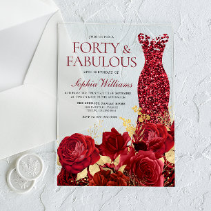 Funkelndes rotes Kleid Rosen Goldblatt 40. Geburts Acryleinladungen