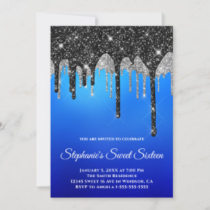 Funkelndes Schwarz Silber Glitter Blau Ombre Sweet Einladung
