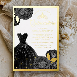 Funkelndes schwarzes Kleid Graue Rosen Quinceanera Folieneinladung