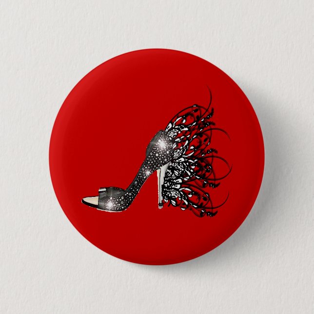 Funkelndes schwarzes Stilett auf Rot Button (Vorderseite)