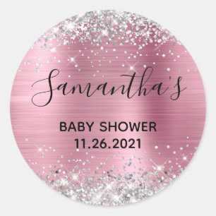 Funkelndes Silber Glitter Rosa Folie Baby Shower Runder Aufkleber